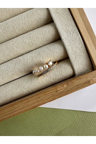 ringbox Gold İncili Taş Detaylı Yüzük