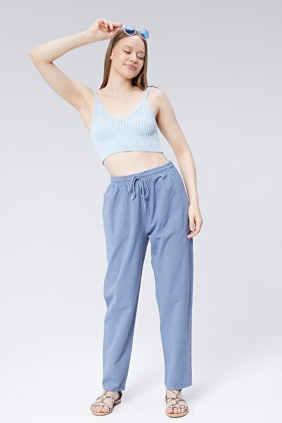 kırtex sport k teks şekil Жіночі небесно-блакитні штани з високою талією на еластичному поясі з білизни 100% бавовна Monaha