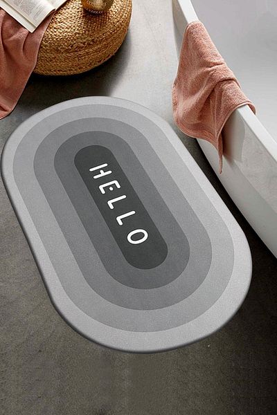 Else Dekor Else Grey White Hello μοτίβο ντους Μπροστινό χαλάκι μπάνιου Κάθισμα τουαλέτας Μονό τεμάχιο Οβάλ 40x60cm