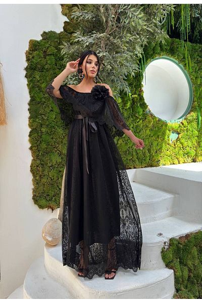 1Moda1Tarz Μαύρη δαντέλα και ύφασμα γκουπέρ - Φόρεμα με λεπτομέρεια τριαντάφυλλου και επένδυση με ζώνη