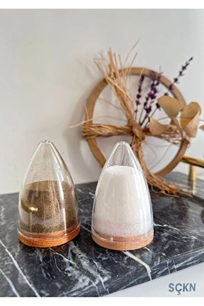 SÇKN 🧂   مجموعة مكونة من 2 ملح وفلفل شفاف حديث |   قاعدة خشبية - تصميم بسيط