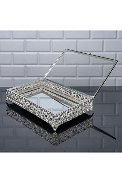 Hinora صندوق مجوهرات حامل الشوكولاتة مع غطاء زجاجي مرآة، حامل عرض معدني، صندوق حجري متوسط