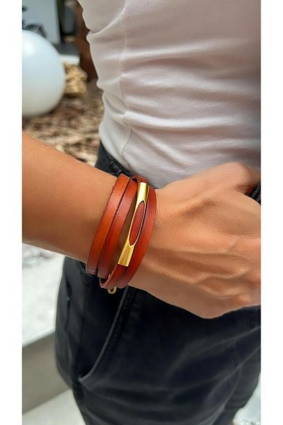 Kutcha Accessories Brown Gold Special Design Leather Bracelet