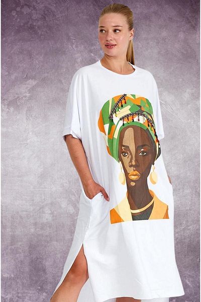 WOMAN VISION Rochie pentru fete cu imprimeu etnic african și broderie cu margele - Buzunar, mărime standard, sezonier SMR-001
