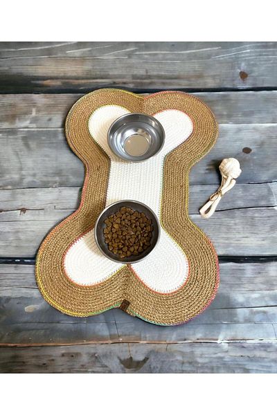 AYŞE SERHOŞOĞLU HOME DESİGN Pet Food Mat, 100% Handmade Cat Dog Food Mat, Wicker Cotton Mat Ball Gift