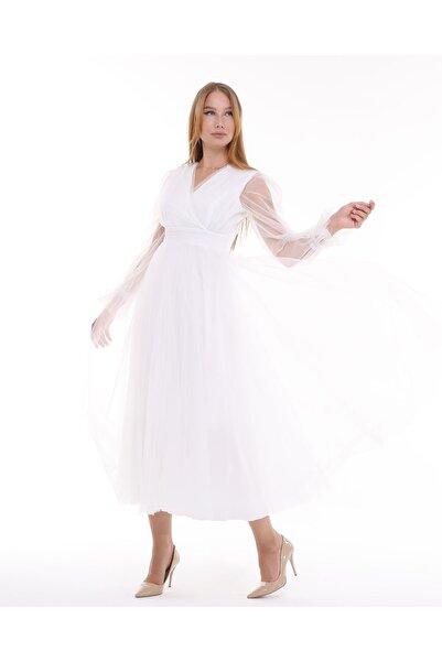 Asees Önü Kruvaze Uzun Kol Tül Abiye Elbise