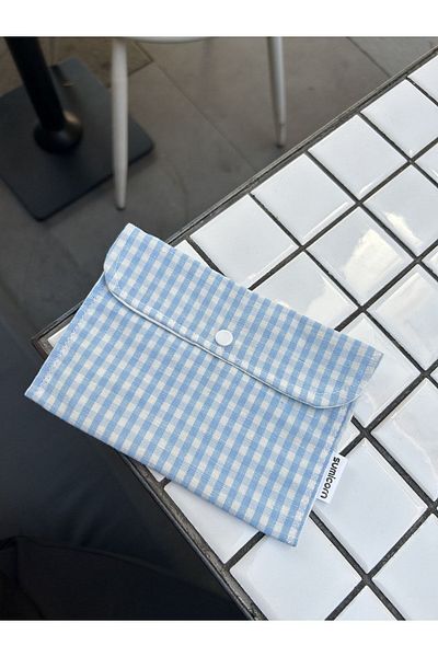 Sumicorn Design Blue Gingham Washable Snap-On Pad Bag, Mini Wallet, Bag Organizer