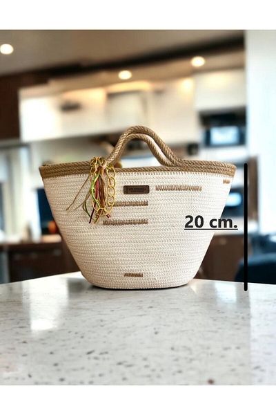 AYŞE SERHOŞOĞLU HOME DESİGN Geantă de paie, geantă de mână zilnică, geantă de design lucrată manual, (DIMENSIUNE MIDI 20CM.)