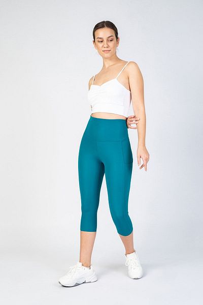 The Step Sports Compresor suplimentar cu talie înaltă pentru femei Step Original Petrol Blue, colanți yoga Capri 48 cm