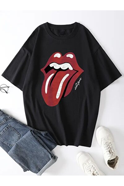 AEMİ Uniszex Red Rolling Stones nyomott nagyméretű pamut póló - Crew Neck
