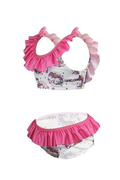 Rs Ramuni Girl's Swimsuit Ruffle Bikini Pink Unicorn Patterned Digital Printed Sea Pool Swimsuit