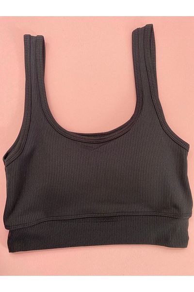 LEYNA BUTİK Women's Removable Padded Corded Fabric Wide Strap Black Sport Tank Top
