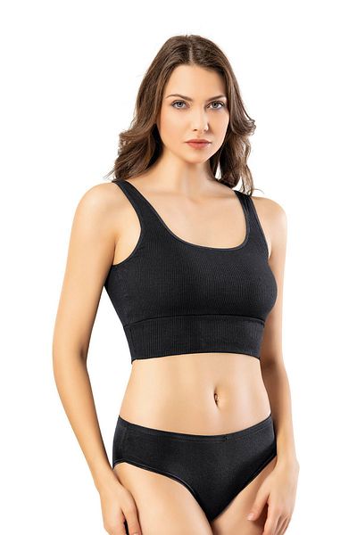 LEYNA BUTİK Women's Removable Padded Corded Fabric Wide Strap Black Sport Tank Top