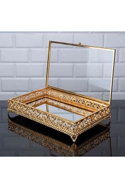 Hinora صندوق مجوهرات حامل الشوكولاتة مع غطاء زجاجي مرآة، حامل عرض معدني، صندوق حجري متوسط