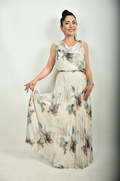 moda caddesi Degaje Yaka Çiçek Desenli Pliseli Kolsuz Elbise 018037