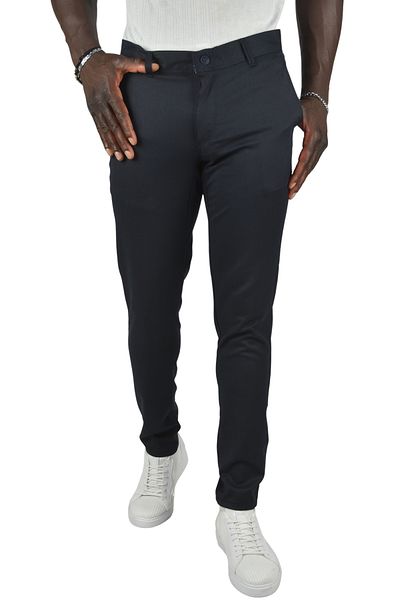 DeepSEA Navy Blue Slim Fit Lycra Linen Trousers - Stripe Pattern, Men's,2400721