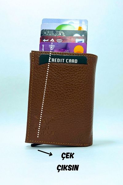 Parscraft Suport pentru carduri portofel cu mecanism automat din piele naturală 100% maro