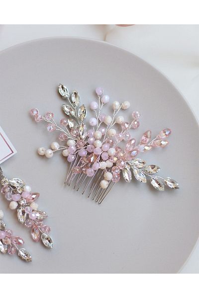 Elen Tasarım Pink Jewelled Hair Accessory and Suit EarringScalloped Bridal Crown and Earring Set