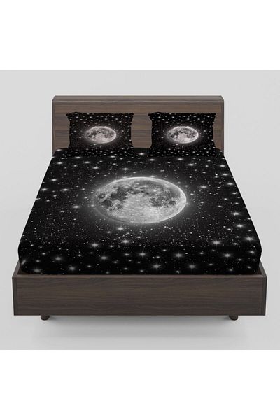 Else Halı Else White Moon Stars Galaxy Patterned Elastic Double Elastic Sheet Set 160x200cm
