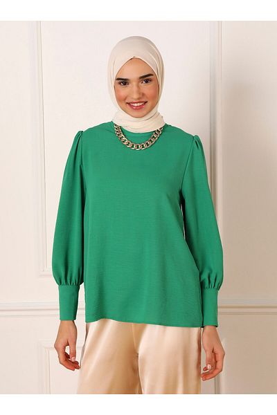 Refka Elegant Blouse with Aerobin Button Detail and Balloon Sleeves - Grass Green - Refka