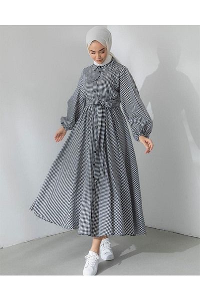 moda periy Γυναικείο μοντέρνο βασικό καλοκαιρινό φόρεμα με κουμπιά σε καθημερινό στυλ Gingham Hijab
