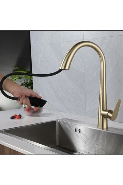 İSAOĞLU YAPI Matte Gold Kitchen Faucet Matte Gold Sink Faucet Hidden Spiral System Kitchen Faucet
