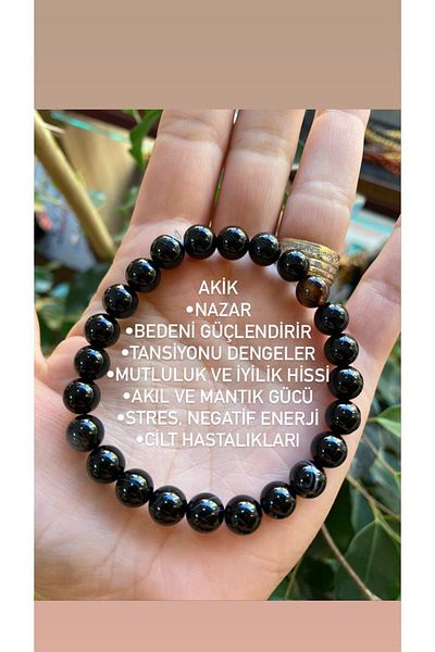 KEHRİBAREVİ KARAMAN Black Agate Original Natural Studded Bracelet Unisex Model