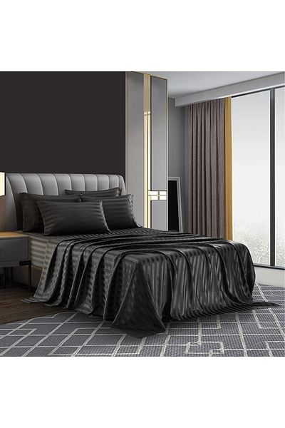 EVYA طقم غطاء لحاف أسود من سلسلة فندق فاخر مقاس 160 × 200 سم ملاءة جاهزة من الساتان 4 قطع