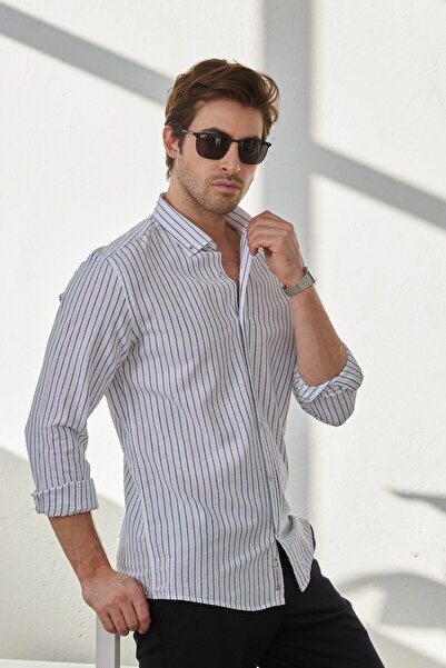 RAVANELLI Men's Shirt Striped Cotton Linen Modern Slim Fit Shirt