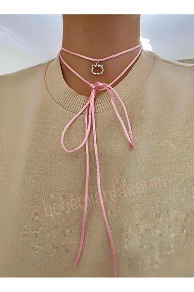 bohemian takı tasarim Zirkon Taşlı Hello Kitty Pembe İpli Bağlamalı Kolye