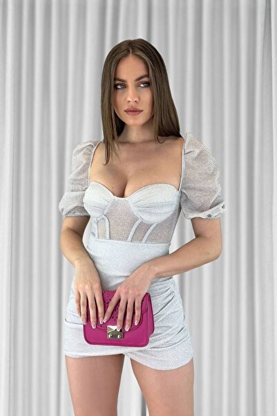 ALFUDO Moda Collection U Yakalı Simli Tül Detaylı Kısa Kollu Likralı Eteği Kr...