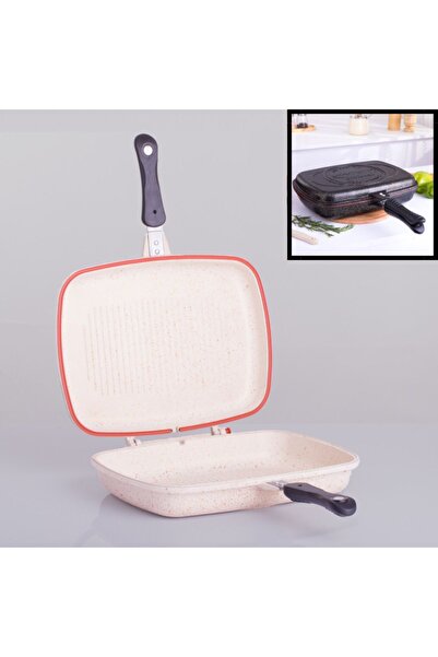 Evren 36 Cm Cream İkiz Grill Tava, Çift Taraflı Izgara Grill Pan