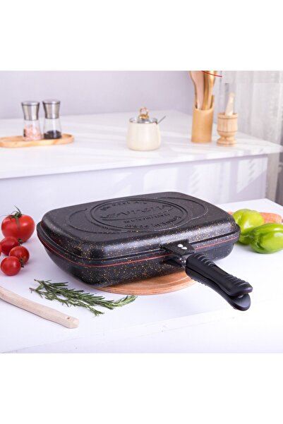 Evren 36 Cm Gold Stone İkiz Grill Tava, Çift Taraflı Izgara Grill Pan