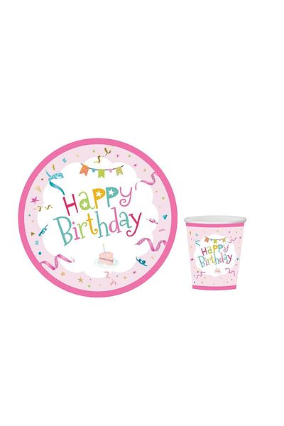 Big Party Happy Birthday Pink Cardboard Plate Cup Set for 8 People