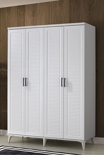 GuneyStore Ücretsiz Montaj Komple Mdf Paris 4 Kapaklı Beyaz Gardırop Elbise Dolabı