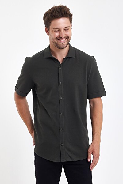ENQUE Erkek Polo Yaka Kısa Kollu Düğmeli Bol Haki Gömlek