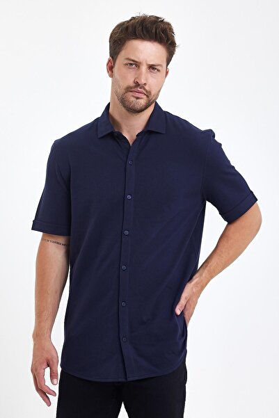 ENQUE Чоловіча сорочка з коміром-поло, короткими рукавами та ґудзиками, темно-синя