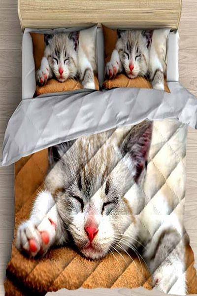 Else Dekor 3D Patterned Double Microfiber Quilted Quilt with Cute Sleeping Cat