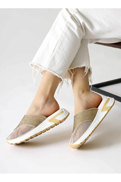 GDT Ayakkabı Pudra  Renk Düz Taban Taşlı Fileli Kadın Spor Terlik