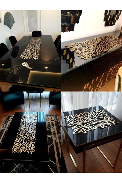 KEÇECİ ŞEYDA Gold Deri Salon Takımı 4 Parça (masa Runner, Konsol Runner, Orta...