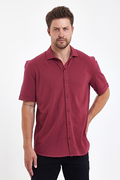 ENQUE Erkek Polo Yaka Kısa Kollu Düğmeli Bol Bordo Gömlek
