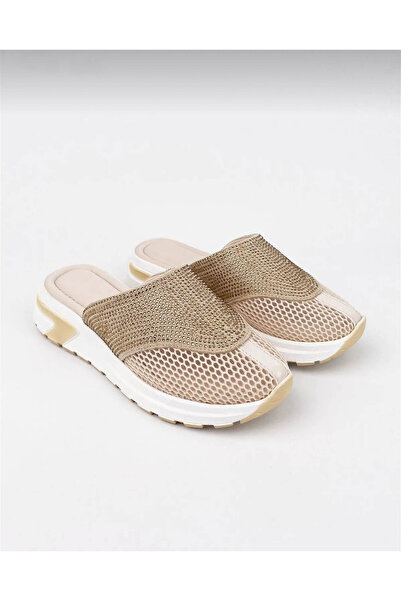 GDT Ayakkabı Pudra  Renk Düz Taban Taşlı Fileli Kadın Spor Terlik