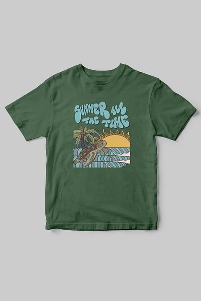WİDİ Summer Time Summer Time Caretta Caretta Sea Sand Sun Printed Regular Fit 100% βαμβακερό μπλουζάκι χακί
