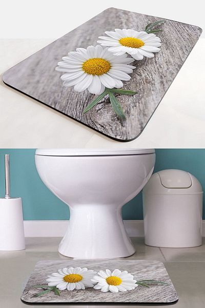 Else Dekor Else Grey Yellow Daisies με μοτίβο αντιολισθητική βάση που πλένεται μονό κάθισμα τουαλέτας Μπροστινό μικρό χαλάκι μπάνιου