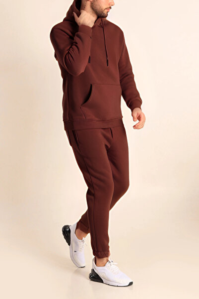 BayBayan Ανδρικό καφέ 3 κλωστών Jogger Βαμβακερό Σετ φόρμας