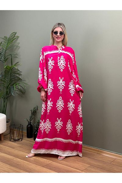 WAPP Pink Viscose Hijab Dress - Half Front Button and Balloon Sleeve Ankle Elastic