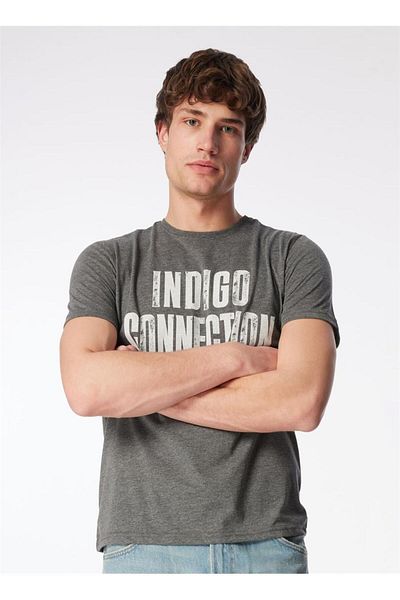 Lee Cooper Anthracite Men's T-Shirt - Regular Fit, Crew Neck, Large Print Text 232LCM242047 Kaeith