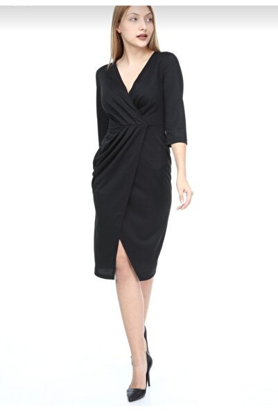 ADASTYLE Kruvaze Siyah Midi Elbise