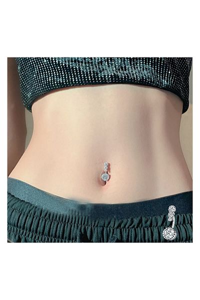 agbtasarım 4-Stone Zircon Belly Piercing - Silver Curved, "Single," "Lower" (100% G23 Titanium Body)