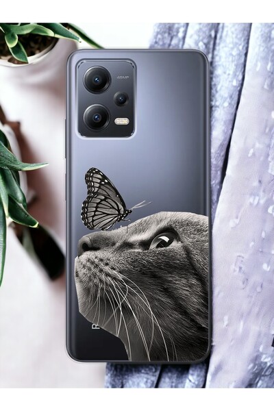 Spoyi Xiaomi Redmi Note 12 Pro 5G Kelebek Kedi Tasarımlı Şeffaf Telefon Kılıfı